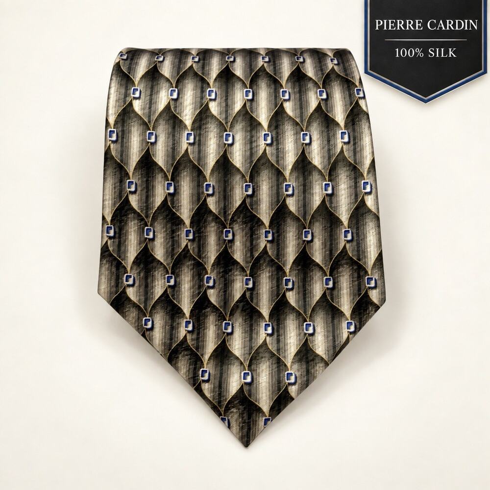 Pierre Cardin Men’s 100% Silk Tie Gray Black Gold Geometric Wide 4”